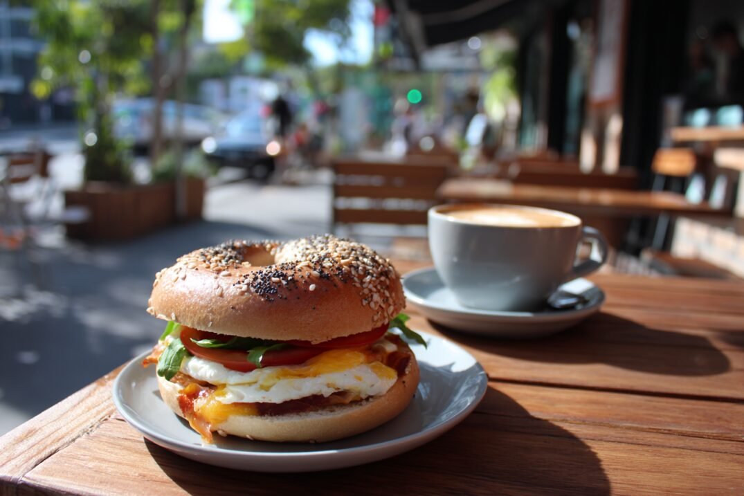 Bagels on a caf&eacute; table