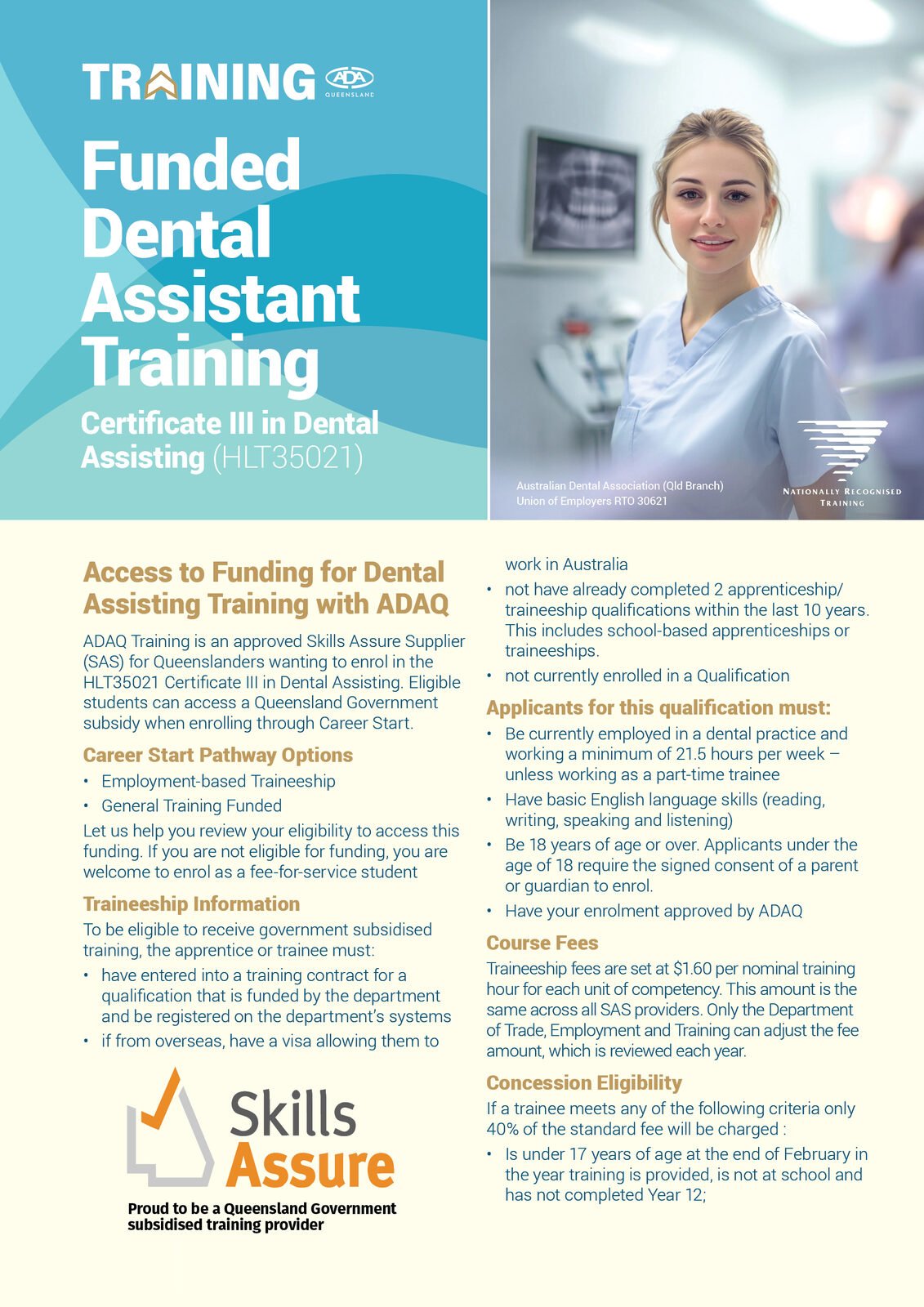 Funded dental training display advertisement &mdash; Certificate III in Dental Assisting