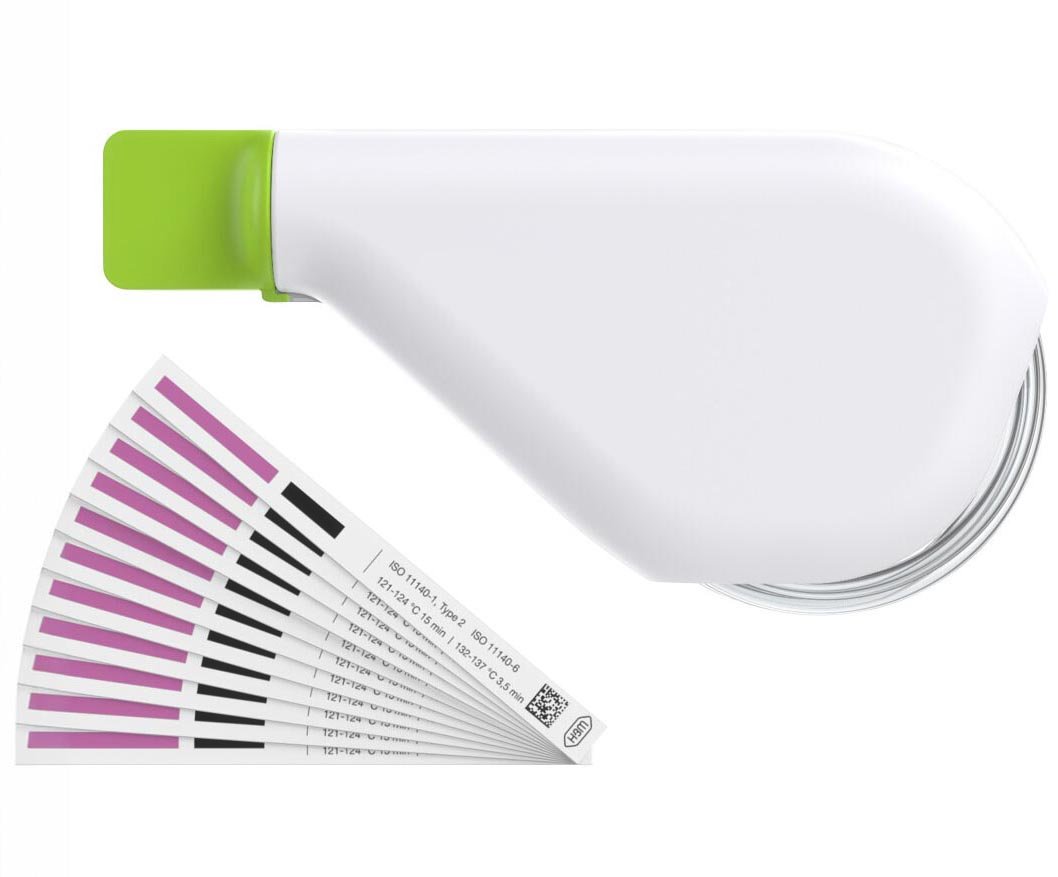 ARSPT hollow device with a fan of ISO 11140-6 chemical indicator strips showing colour change